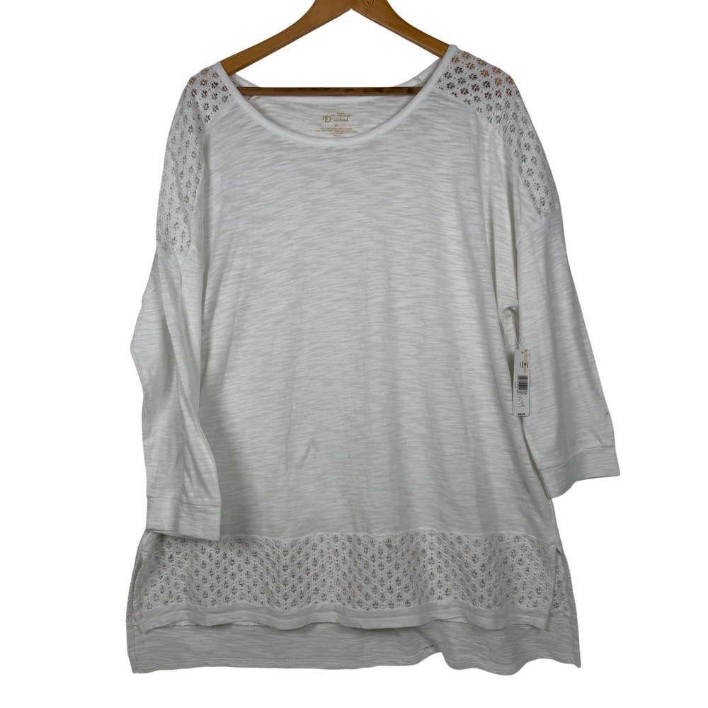 New Directions Top Women 2X White Weekend Lace Trim 3/4 Sleeve Slub Knit 1706555